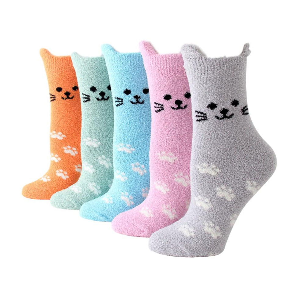 Fuzzy Cat Ear Coral Fleece Women's Cozy Winter Sleep Socks – UPKIWI