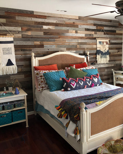 boho bedroom plank and mill 3" reclaimed wood planks