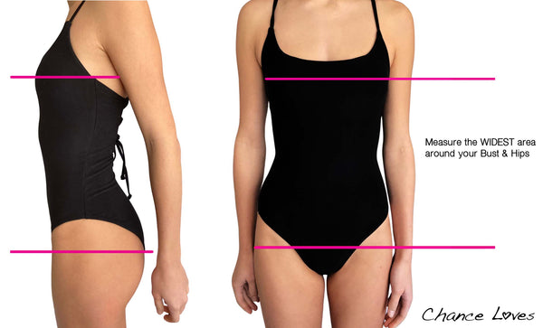 Swimsuit Size Chart instructions on how to measure the right way for your new bikini