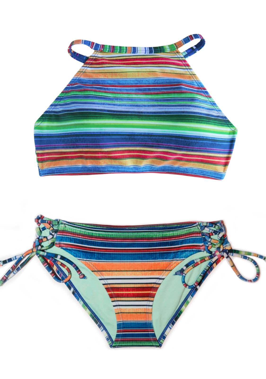 Womens Teens Swimsuit SIZE M/L, BLUE, Stripes Print Strappy Tankini 2 Piece