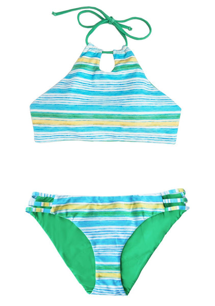 REVERSIBLE 2 PIECE Striped Padded HALTER TOP + Full BOTTOMS Tween Teen ...