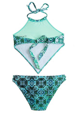 Girls 2-PIECE SWIMSUIT Bikini Green Halter Top & Full Coverage Bottoms ...