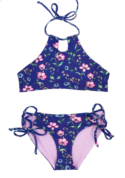 2 Piece Purple Floral Bikini SET for Girls with Padded HALTER Top ...