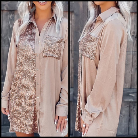 Taupe/blush sequined button up shirt dress with sequined pocket