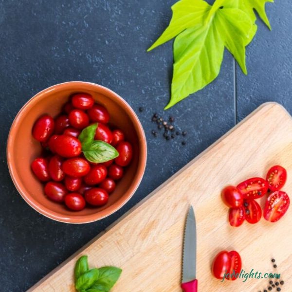 tomato, basil, cutting board