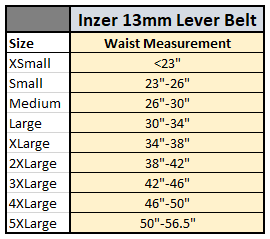 XSmall	<23" Small	23"-26" Medium	26"-30" Large	30"-34" XLarge	34"-38" 2XLarge	38"-42" 3XLarge	42"-46" 4XLarge	46"-50" 5XLarge	50"-56.5"