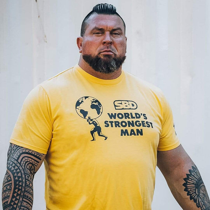 Mens SBD World's Strongest Man TShirt 2021 Sunrise Yellow — Inner