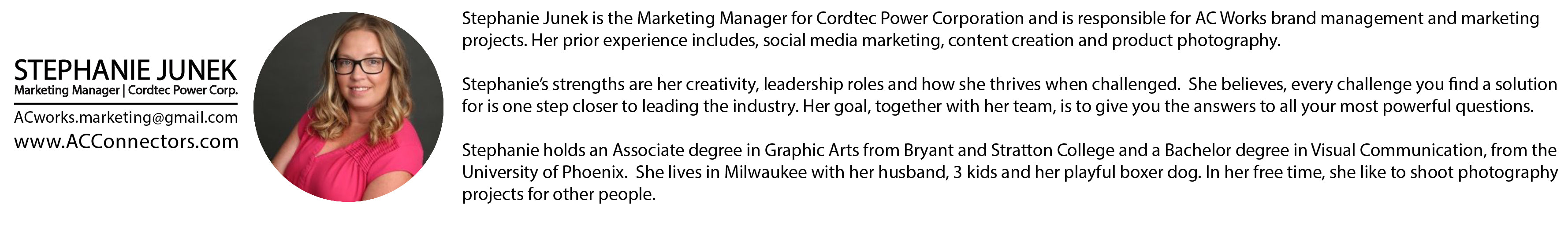 Stephanie Junek, Marketing Manager, Cordtec Power Corp., AC Works, AC Works Connector, blog author, marketing manager