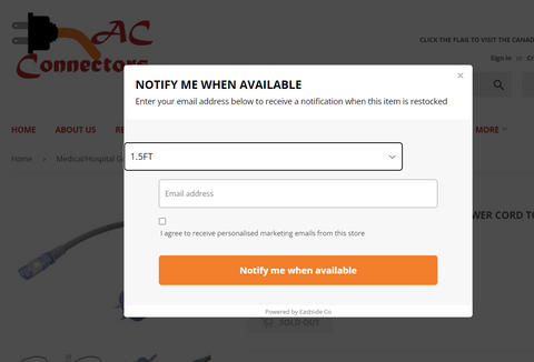 Notify me when items are back in stock on the AC Connectors shop