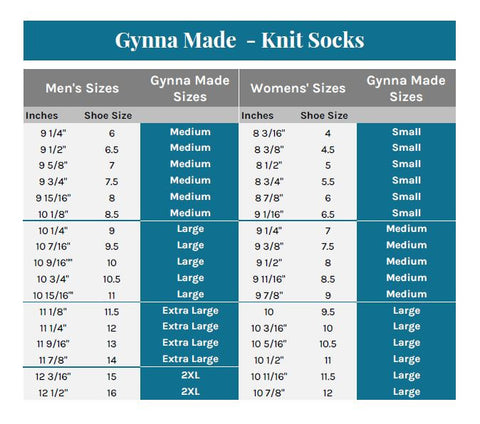 Gynna Made Knit Socks, Sizing Chart