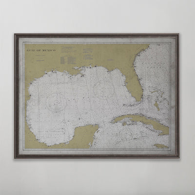 Old vintage historic nautical chart of The Gulf of Mexico for wall art home decor. 