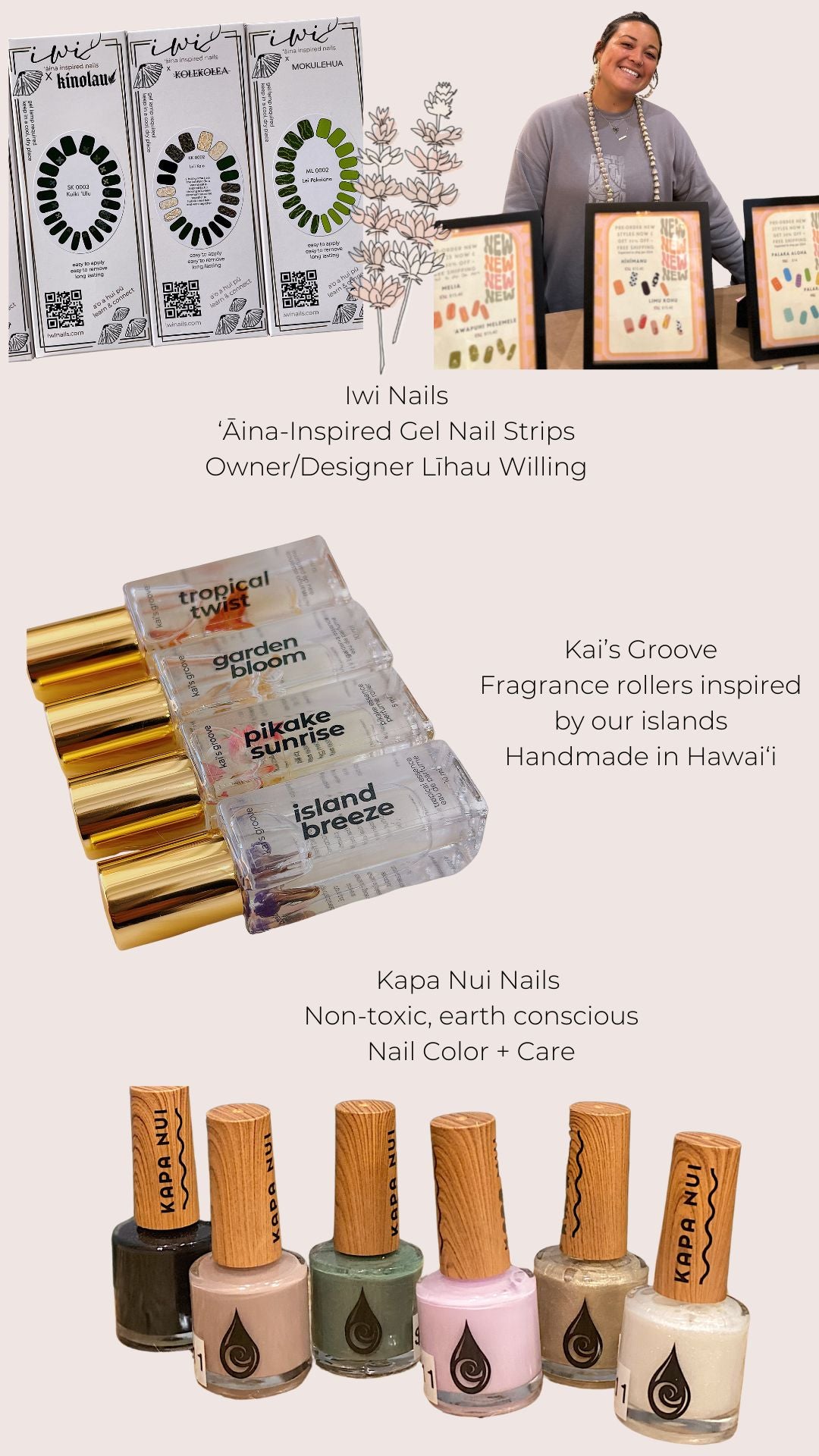 Hawaii Beauty brands including Iwi Nails, Kai's Groove and Kapa Nui Nails