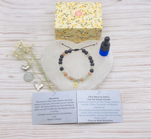 Natsuko Designs Jewelry Moonstone Bracelet w/ Black Lava diffuser with gold star charm sungkyulgapa