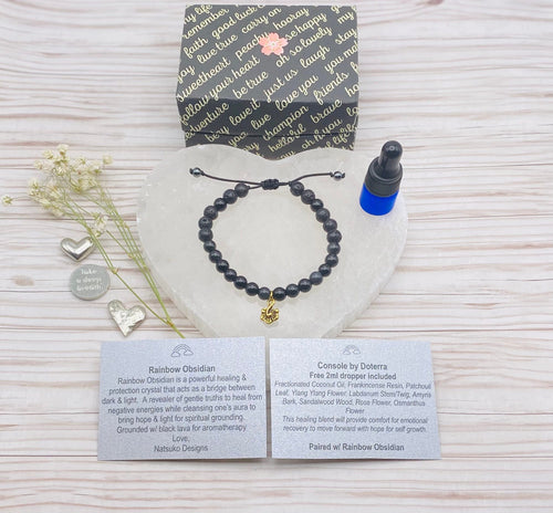 Natsuko Designs Jewelry Rainbow Obsidian Bracelet w/ Black Lava diffuser and Gold flower charm sungkyulgapa