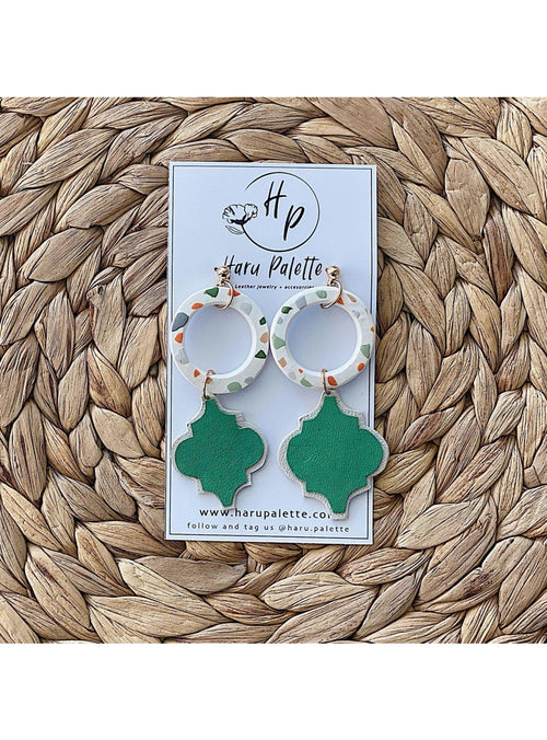 Haru Palette Jewelry Terrazzo Hoop Earrings in Green Leather Earrings | Unique Round Design | Haru Palette at sungkyulgapa sungkyulgapa