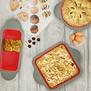 Professional Non-Stick Silicone Bakeware Set - 3 Oven Safe Pans: 8.5  Round, Square, and Bread Loaf 