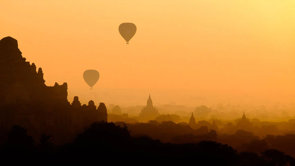 Hot AIr Balloons Hang Above Old Bagan in Myanmar