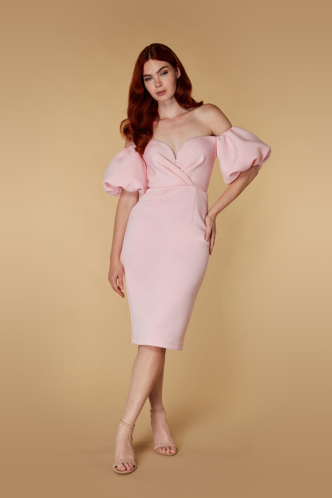 Nessa Off Shoulder Puff Sleeve Scuba Midi With Sweetheart Neckline, UK 16 / US 12 / EU 44 / Scuba Pink