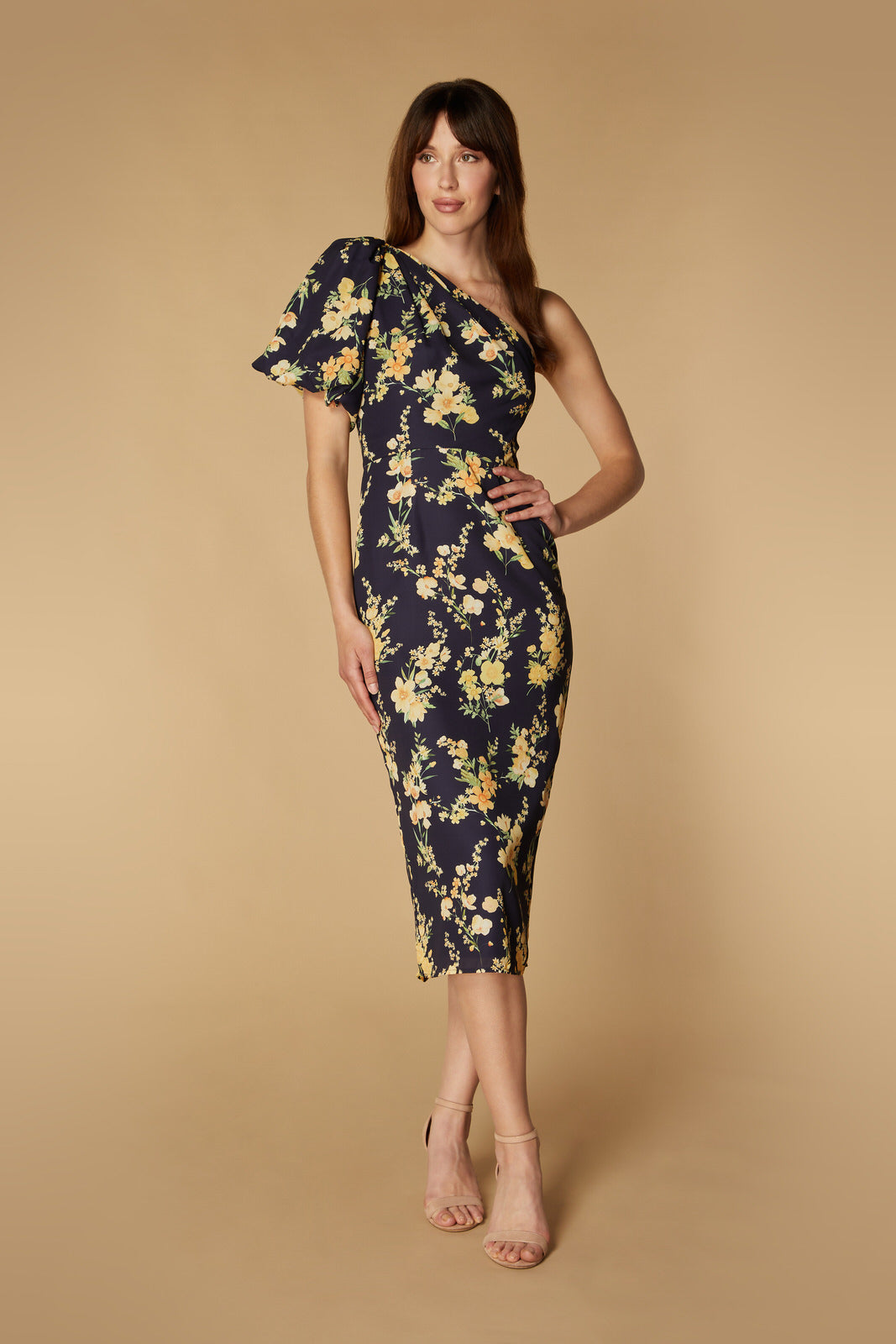 Wisteria One Shoulder Exaggerated Puff Sleeve Midi Dress, UK 6 / US 2 / EU 34 / Floral Print