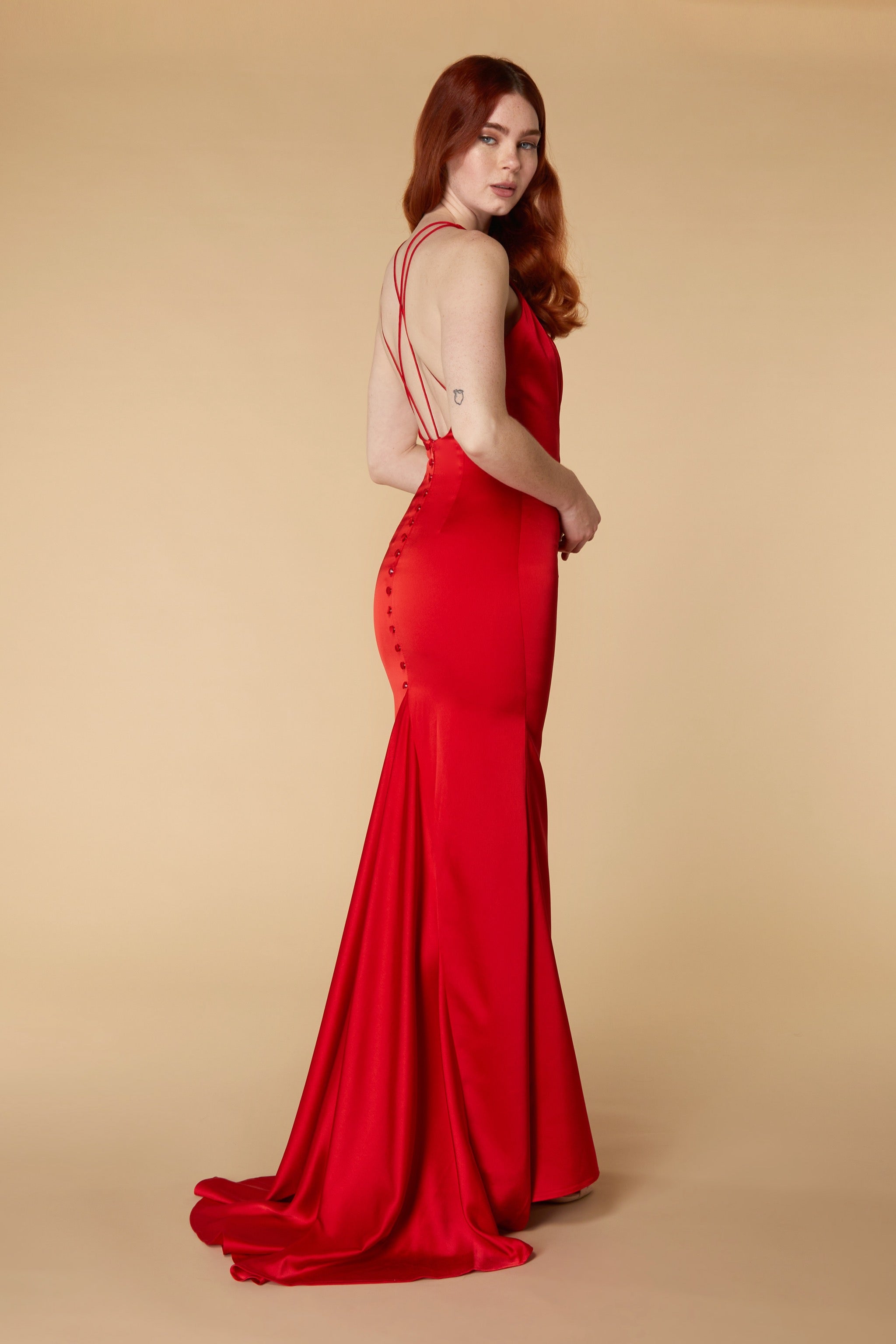 Noah Satin Fishtail Maxi Dress with Button Back Detail, UK 18 / US 14 / EU 46 / Red