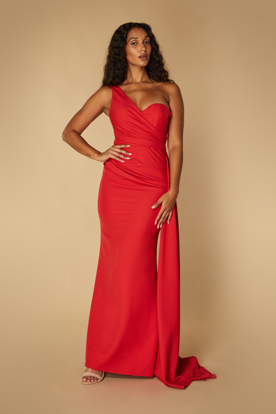 Atlanta One Shoulder Maxi Dress with Hip Drape Detail, UK 8 / US 4 / EU 36 / Red