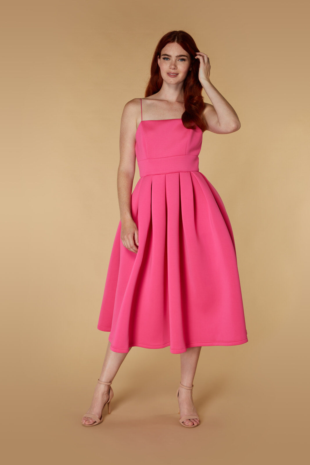 Pearl Puff Skirt Scuba Midi Dress with Open Back, UK 14 / US 10 / EU 42 / Hot Pink