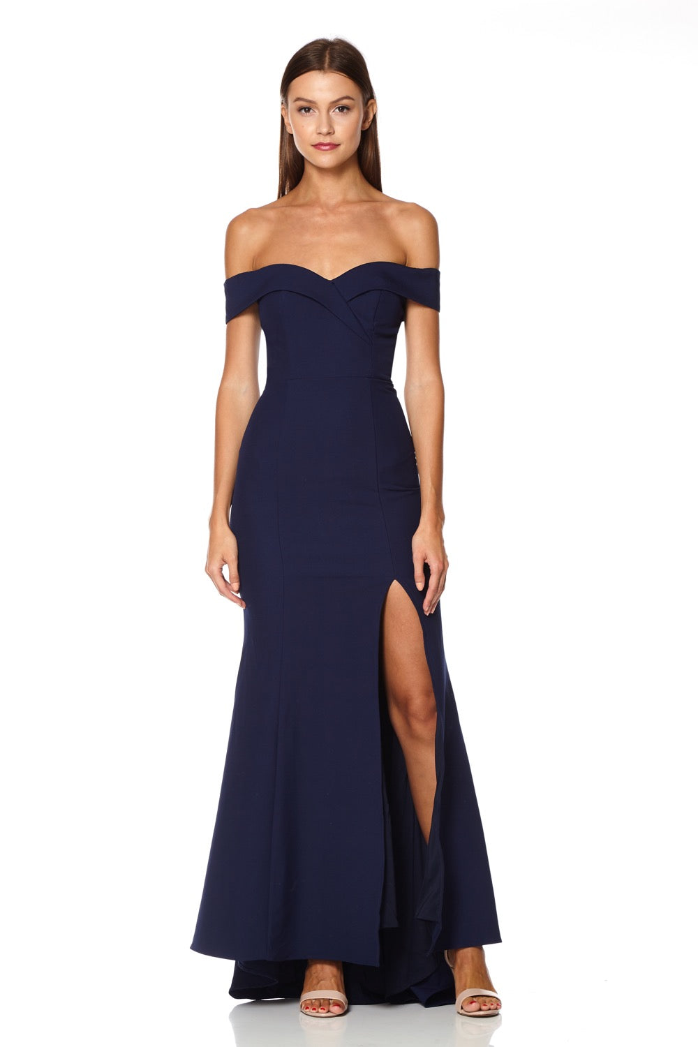 Bella Bardot Maxi Dress With Thigh Split And Train, UK 8 / US 4 / EU 36 / Navy