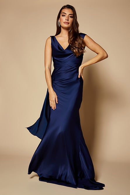 Gabriella Cowl Neck Fishtail Gown with Open Back, UK 12 / US 8 / EU 40 / Navy