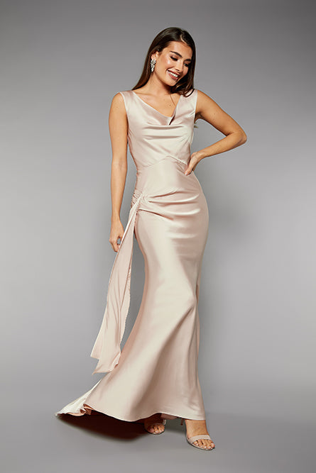Gabriella Cowl Neck Fishtail Gown with Open Back, UK 12 / US 8 / EU 40 / Champagne Nude