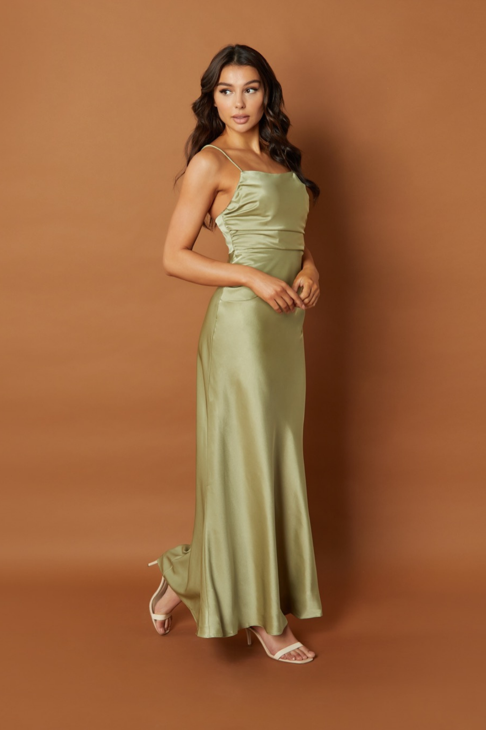 Emma Square Neck Maxi Dress with Cami Straps, UK 18 / US 14 / EU 46 / Pale Olive