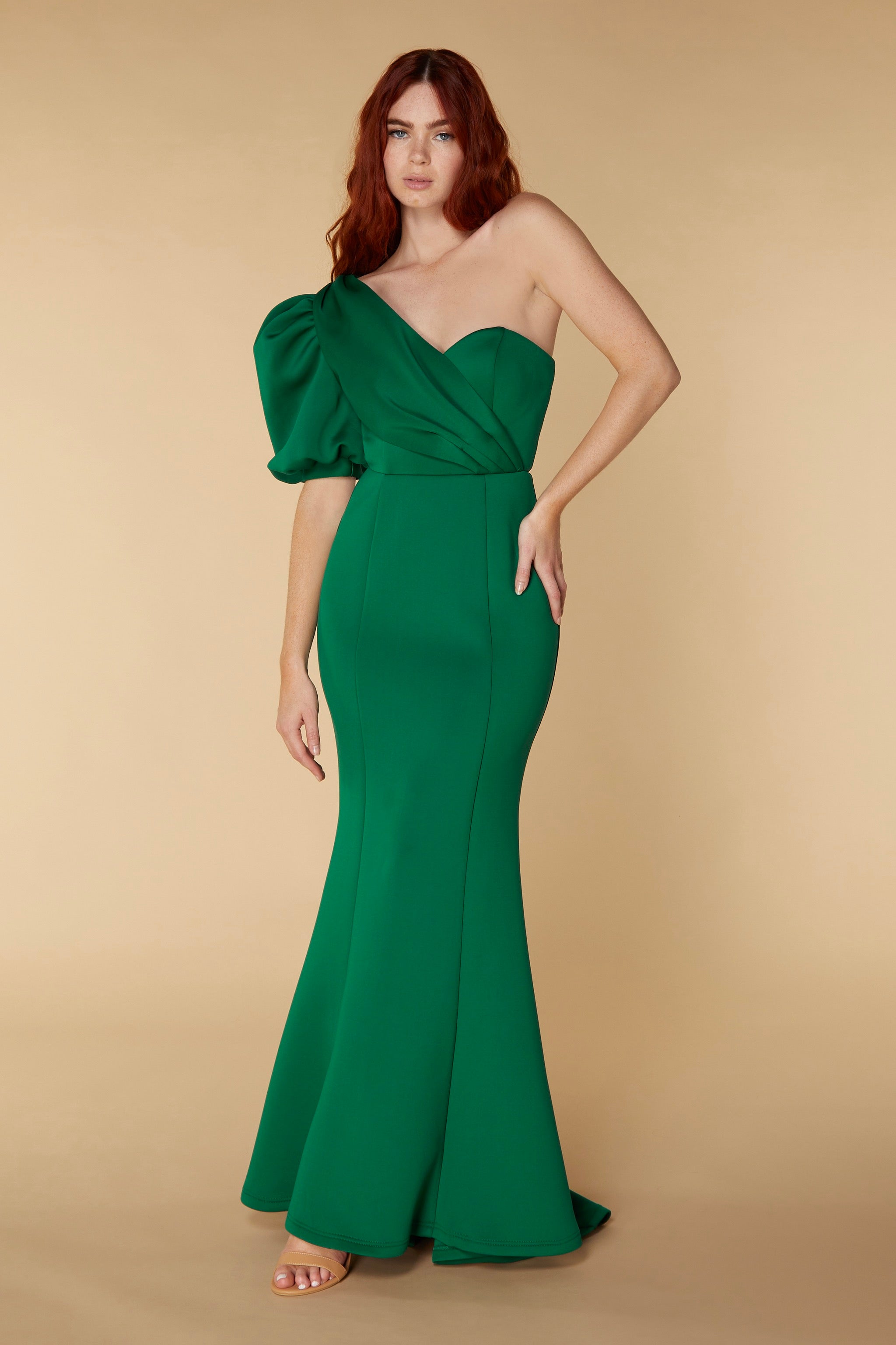 Genevieve One Shoulder Exaggerated Puff Sleeve Scuba Maxi Dress, UK 12 / US 8 / EU 40 / Emerald Green