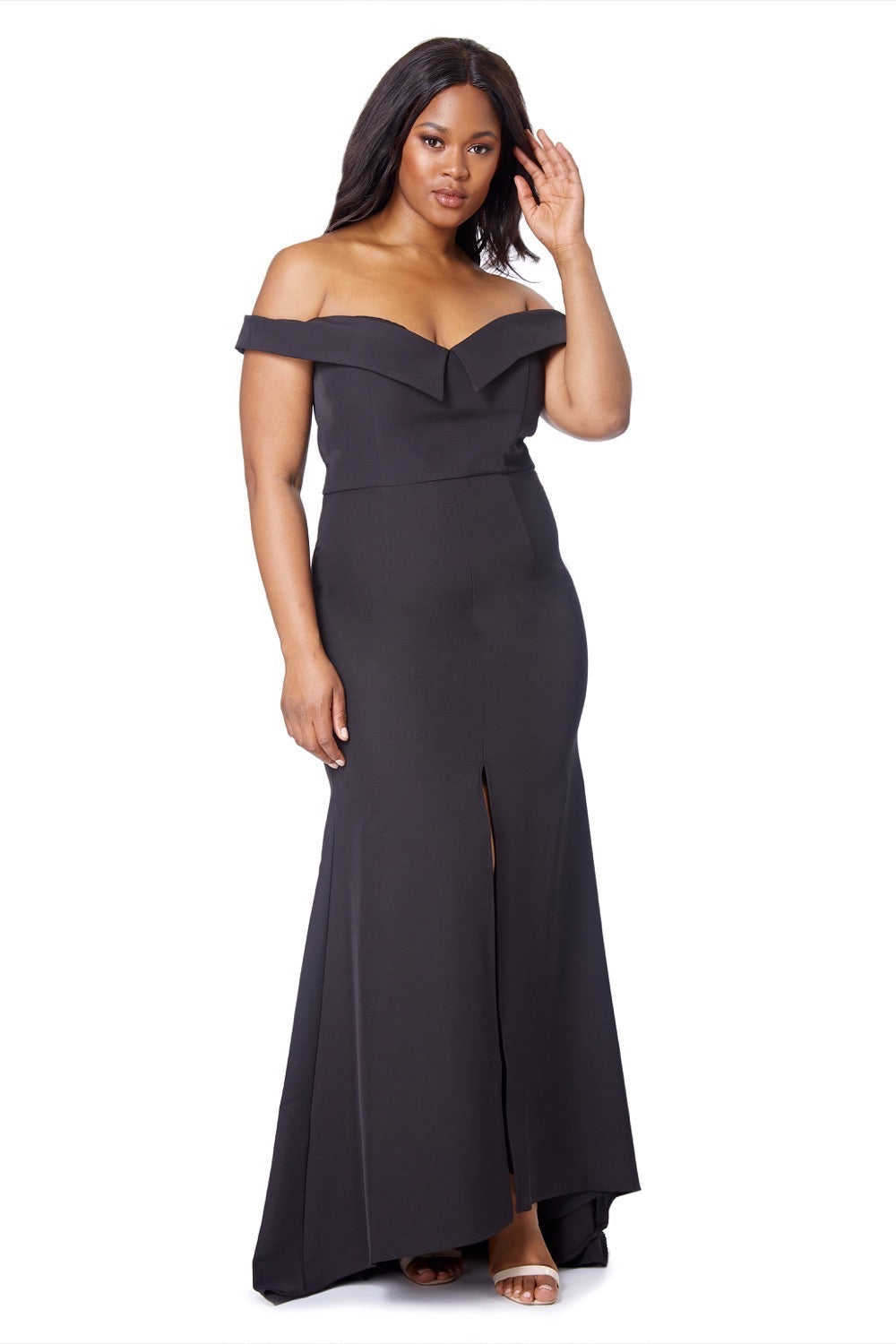 Autumn Bardot Maxi Dress With Thigh Split And Train Detail, UK 14 / US 10 / EU 42 / Black