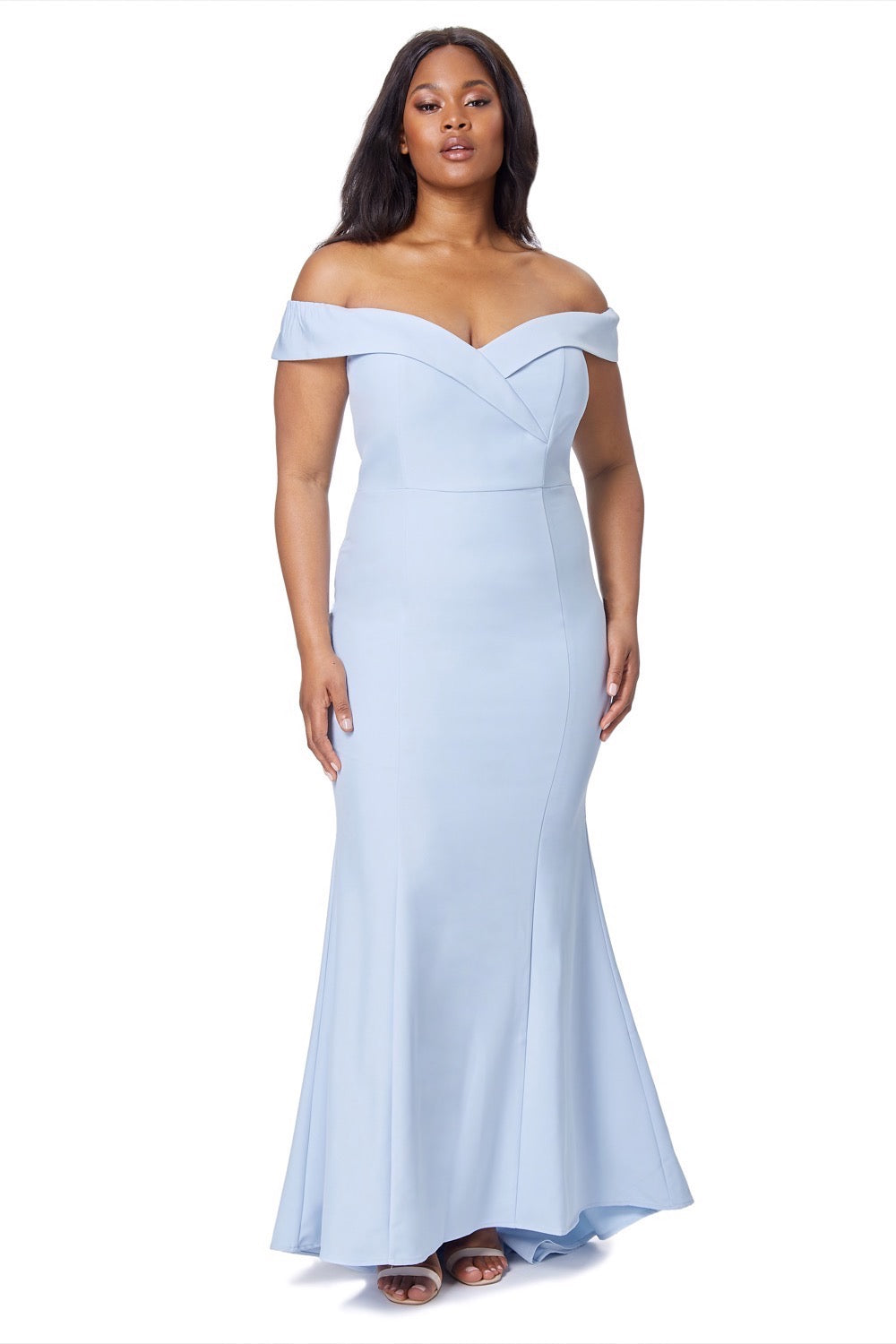 Draya Bardot Maxi Dress With Train, UK 14 / US 10 / EU 42 / Powder Blue