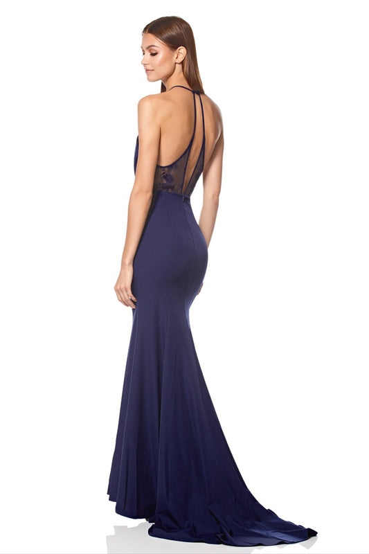 Carlin High Neck Fishtail Dress with Open Back Detail