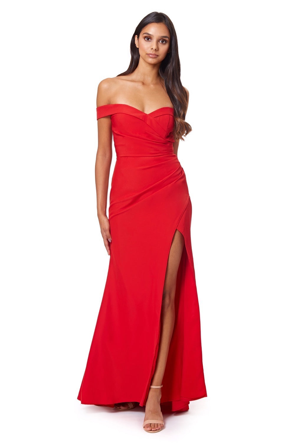 Bluebell Bardot Maxi Dress With Thigh Split And Button Back, UK 10 / US 6 / EU 38 / Red