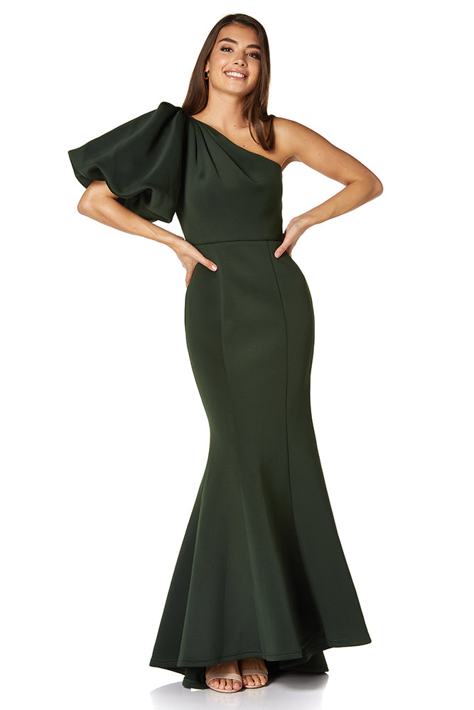 Frances One Shoulder Exaggerated Puff Sleeve Scuba Maxi Dress, UK 12 / US 8 / EU 40 / Dark Green