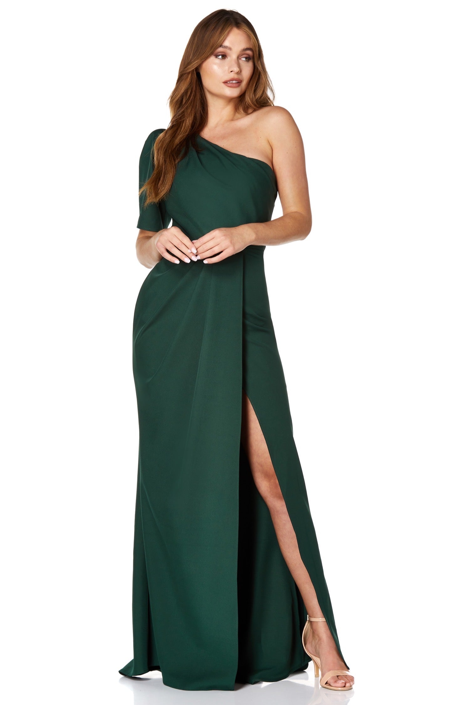 Gianna One Shoulder Sleeve Maxi Dress with Thigh Split, UK 12 / US 8 / EU 40 / Dark Green