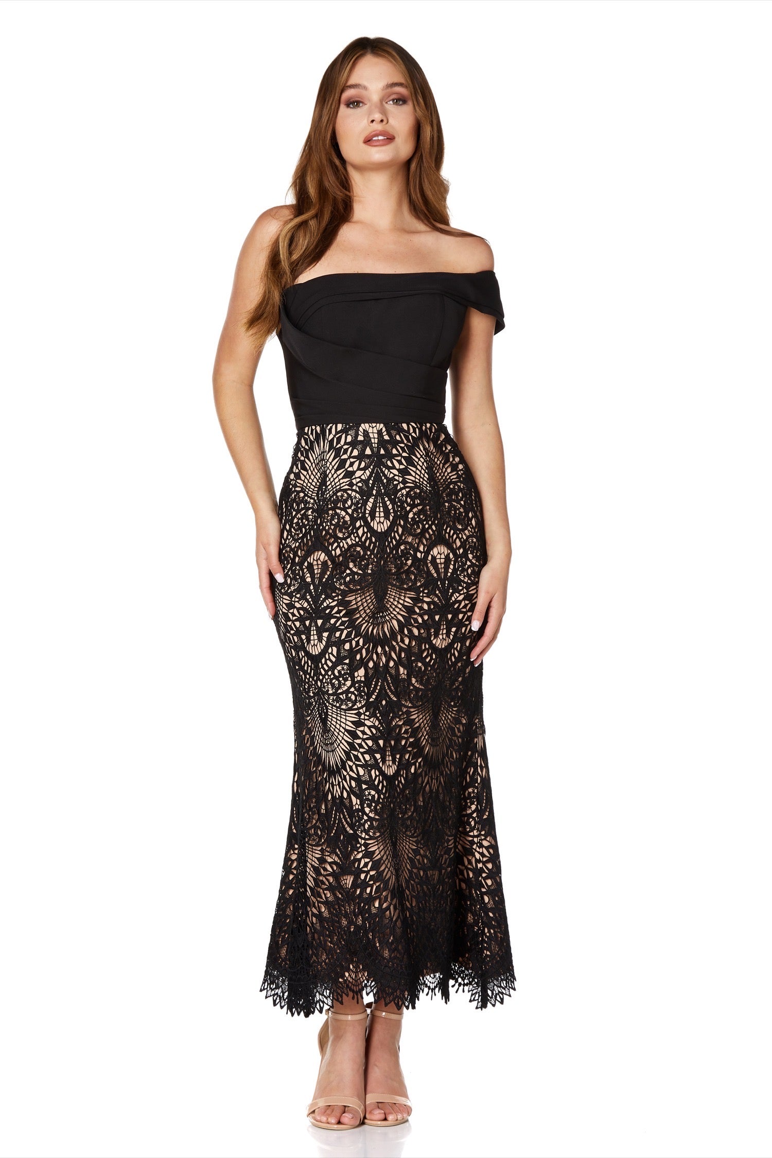 Trisha One Shoulder Sleeve Midi Dress with Lace Detail, UK 18 / US 14 / EU 46 / Black/Nude