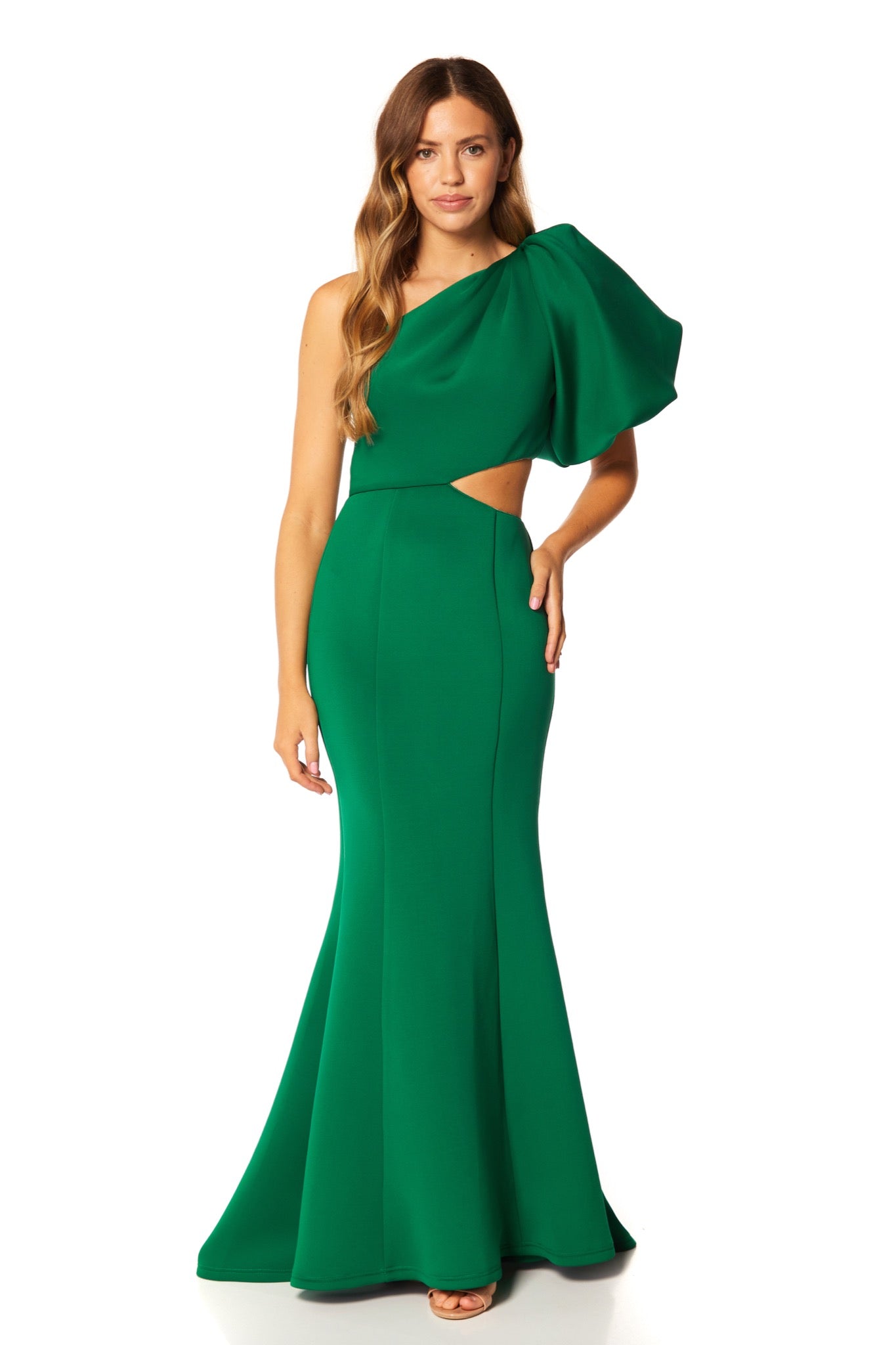 Jacinda One Shoulder Exaggerated  Puff Sleeve Scuba Maxi Dress, UK 10 / US 6 / EU 38 / Green