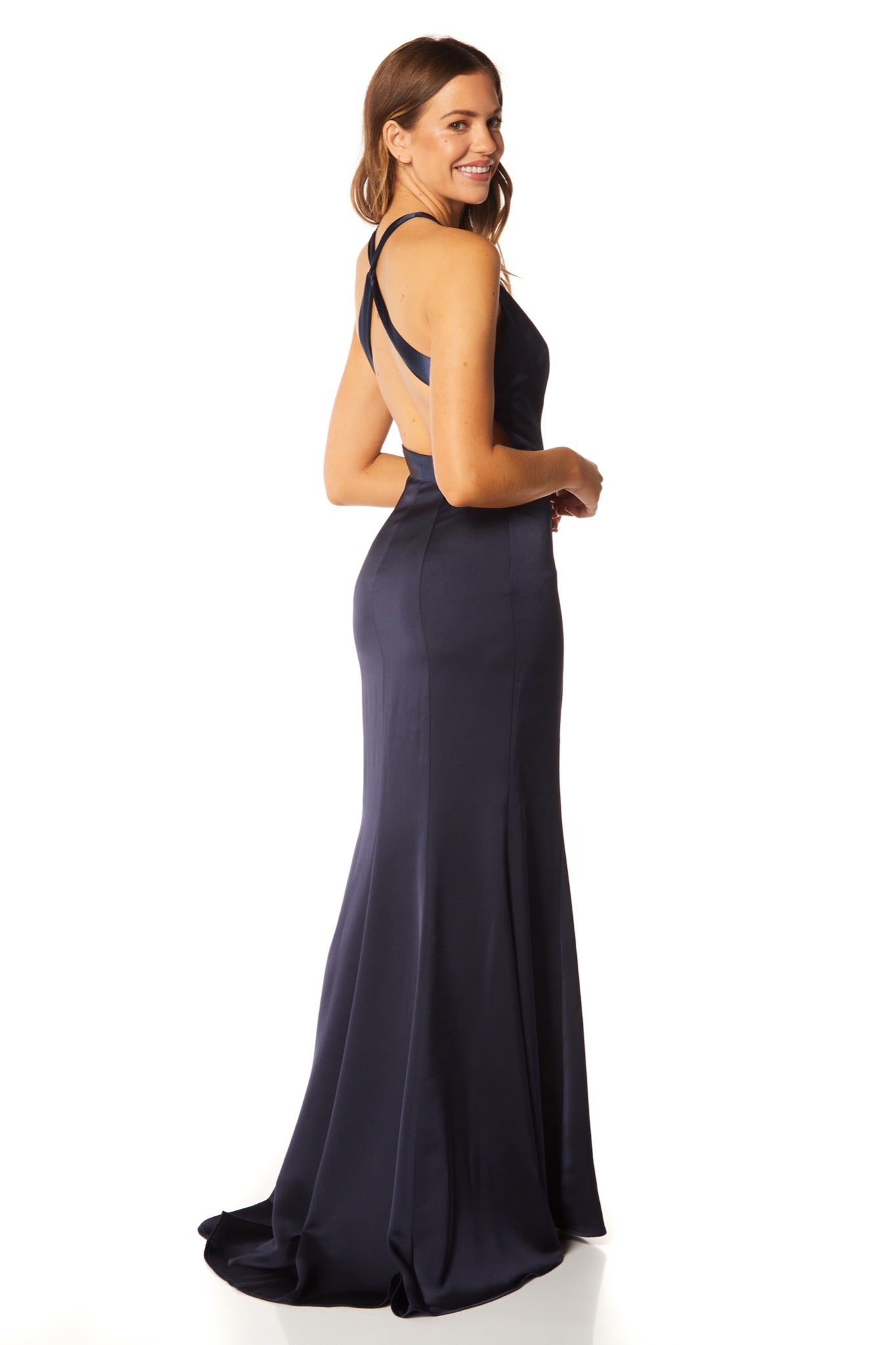 Shoshana High Neck Maxi Dress with Asymmetrical Cross Back, UK 10 / US 6 / EU 38 / Navy