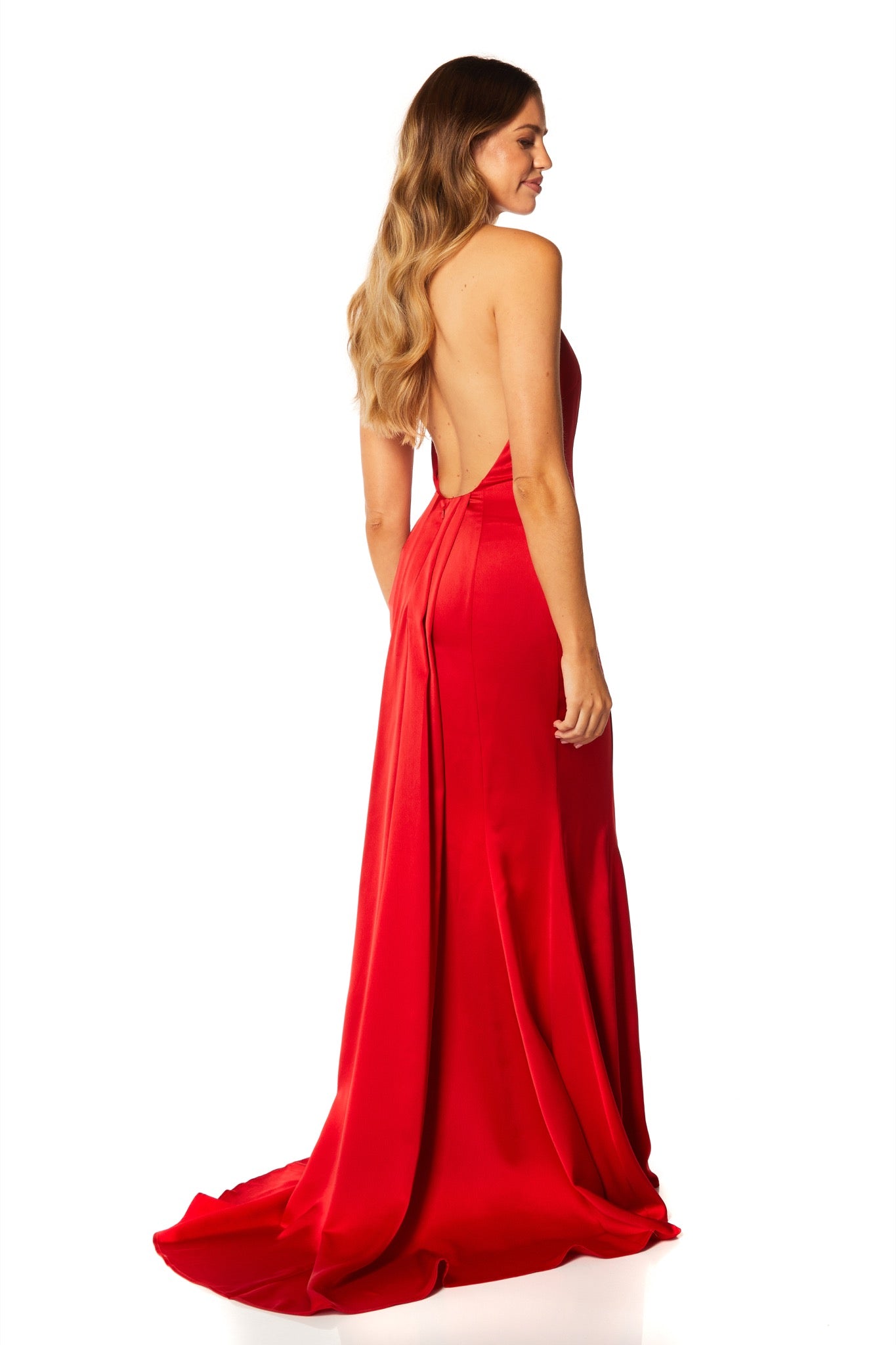 Monroe Open Back Maxi Dress With Pleat Train Detail, UK 8 / US 4 / EU 36 / Red