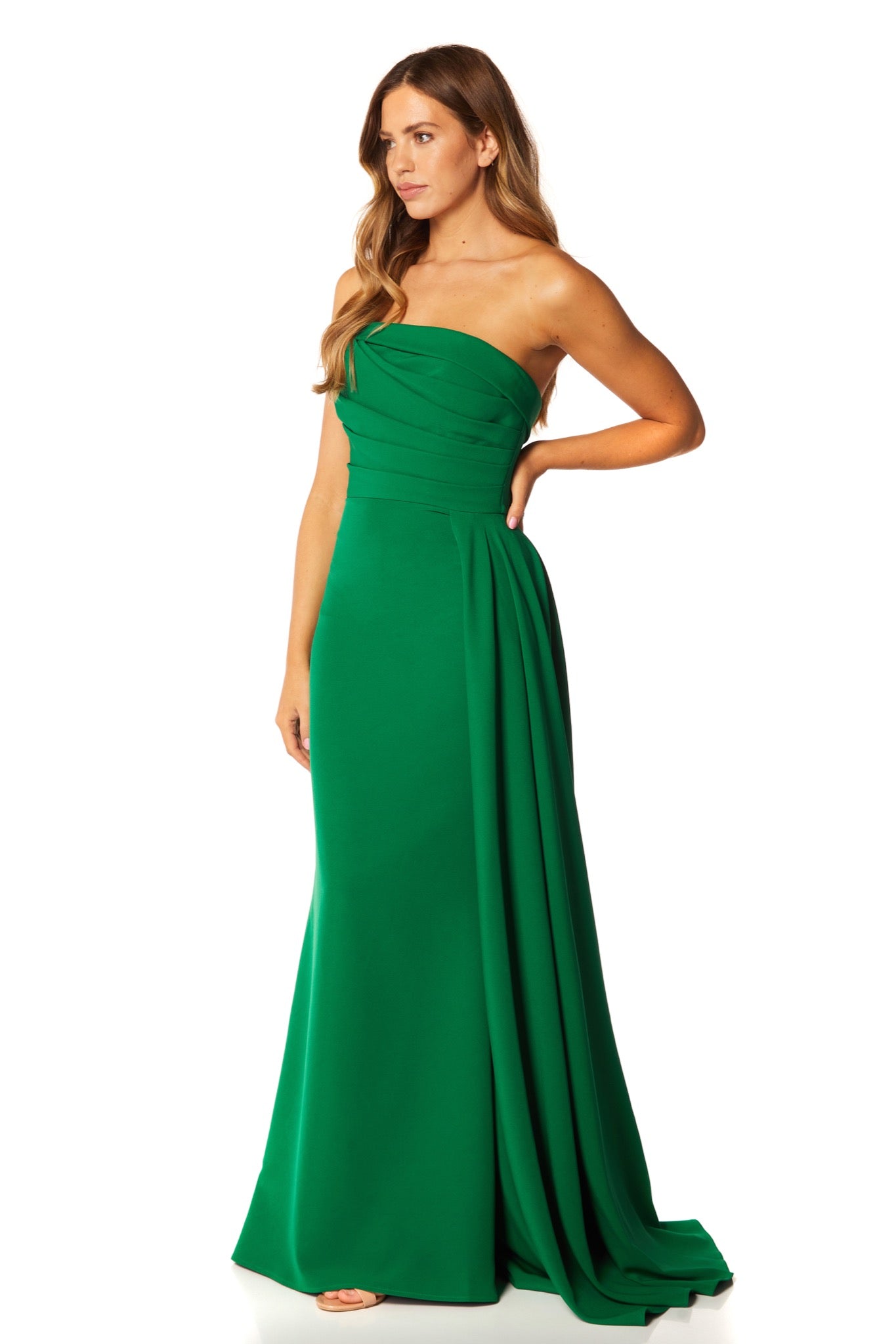 Zo Strapless Maxi Dress with Pleated Side Skirt Drape, UK 8 / US 4 / EU 36 / Green