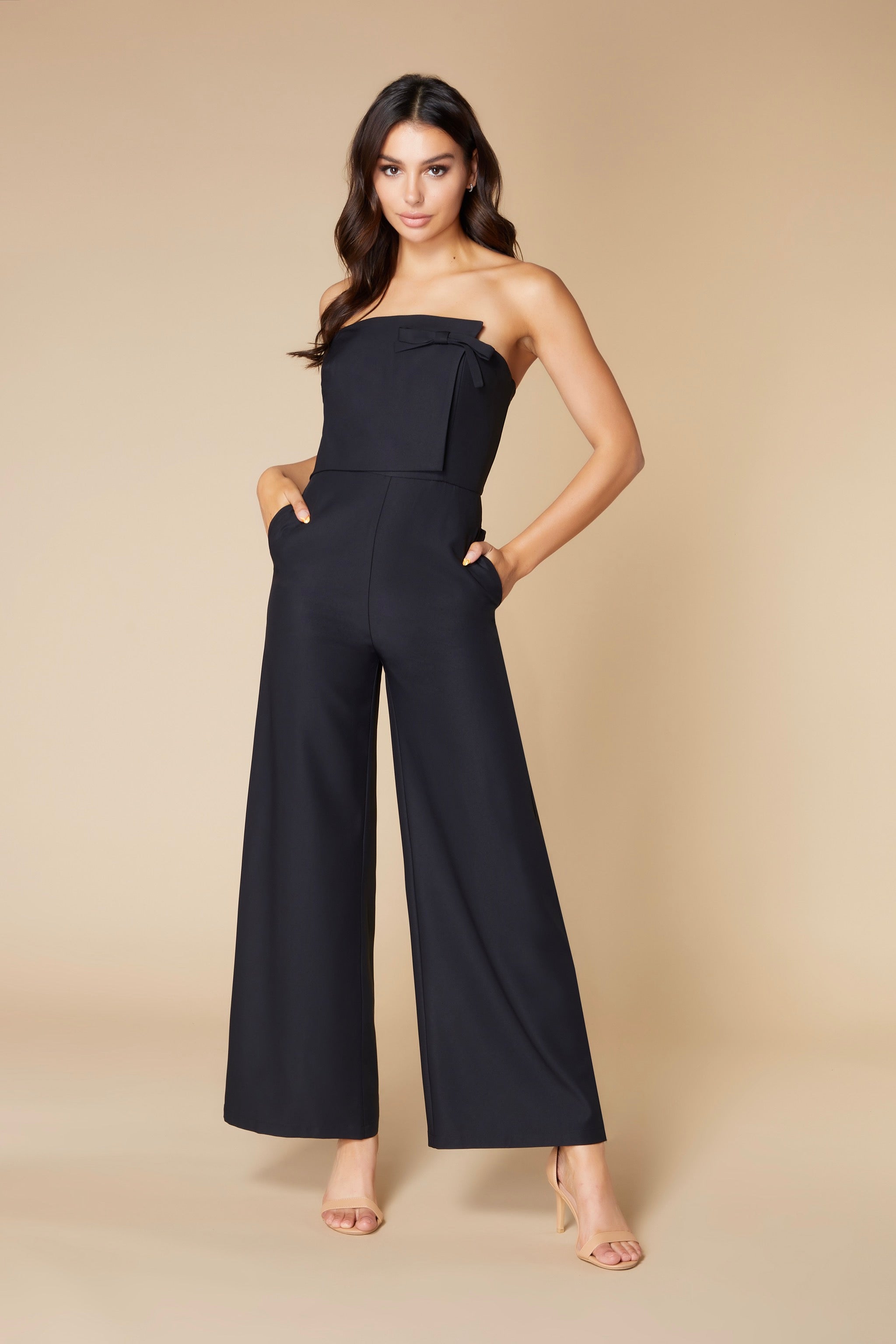 Simone Strapless Jumpsuit with Faux Wrap Bodice Detail, UK 8 / US 4 / EU 36 / Black