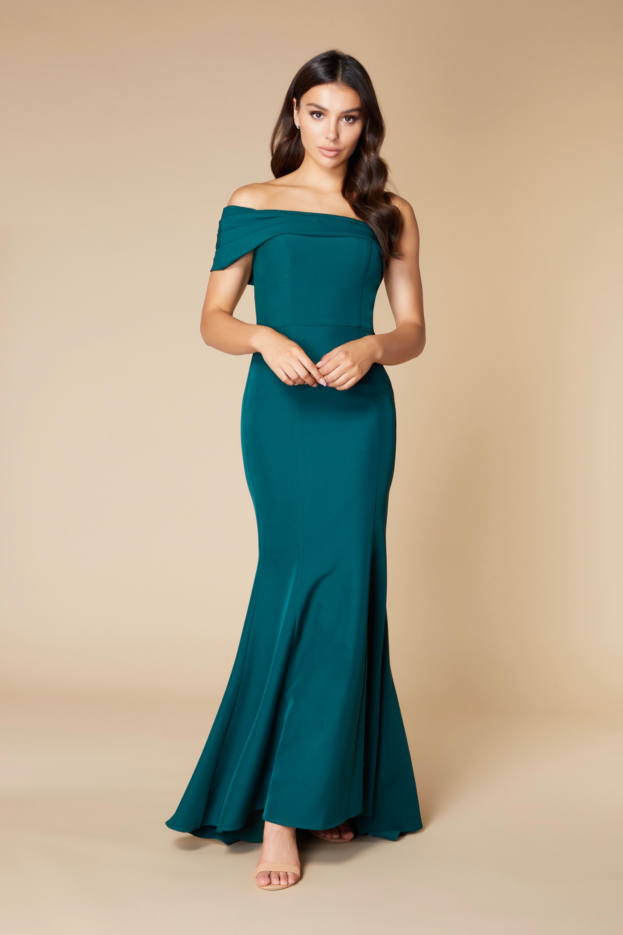 Zoya Off Shoulder Fishtail Maxi Dress with Train, UK 18 / US 14 / EU 46 / Dark Green