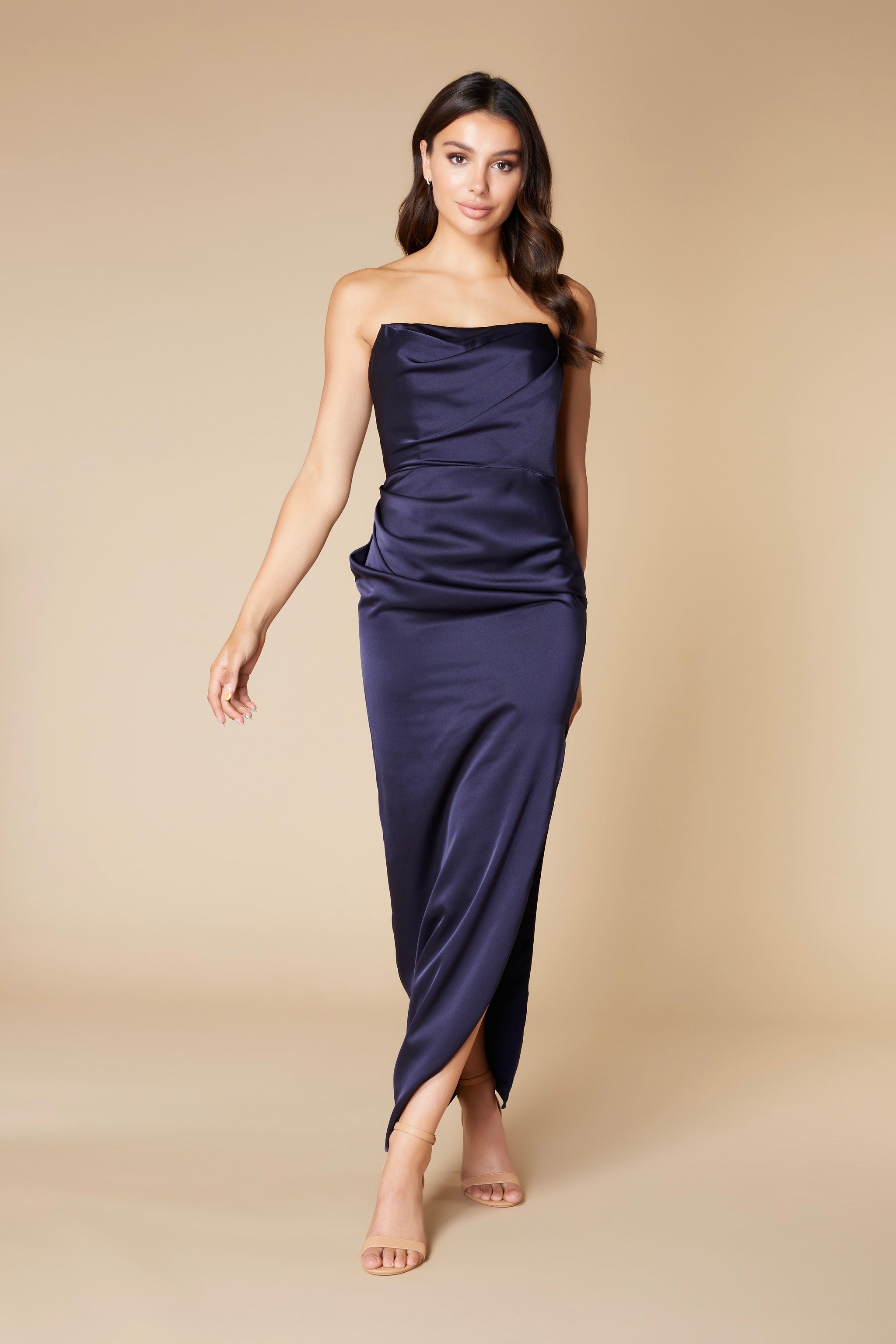 Beth Strapless Ruched Midaxi Dress with Thigh Split, UK 14 / US 10 / EU 42 / Navy