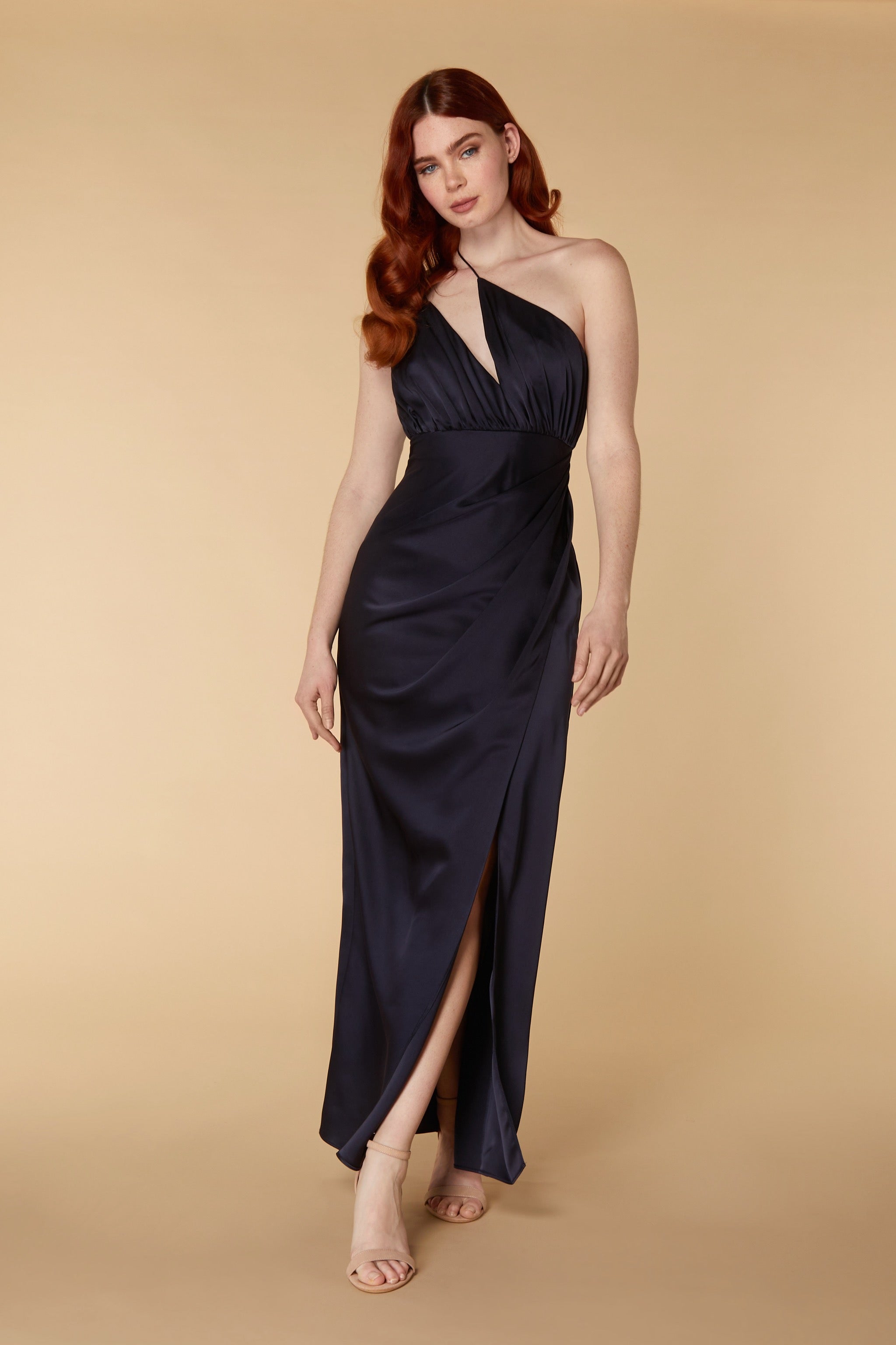 Paula One Shoulder Satin Maxi with Thigh Split, UK 16 / US 12 / EU 44 / Navy