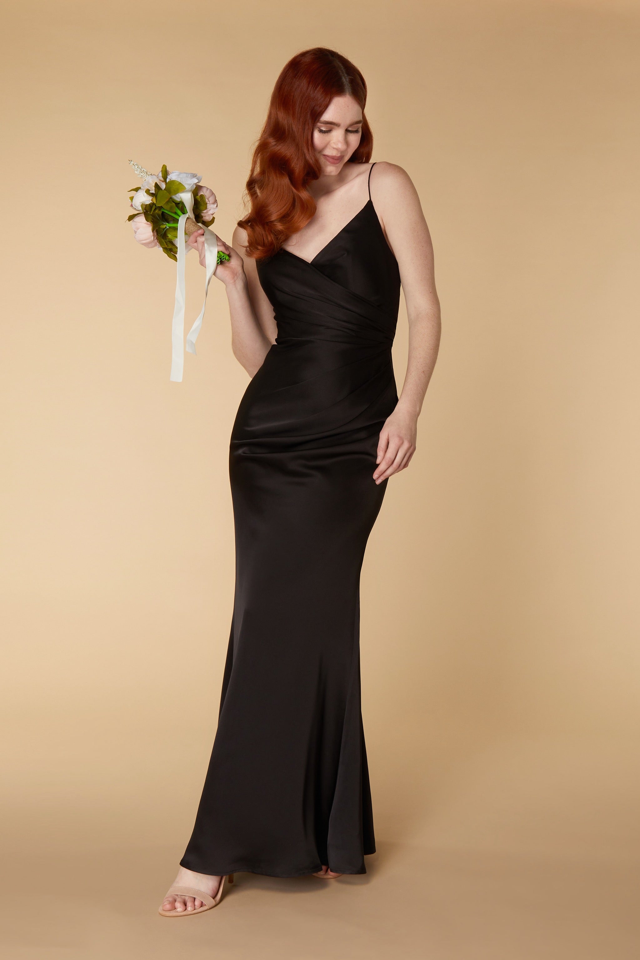 Emma V Neck Strap Maxi Dress with Ruched Bodice Detail, UK 12 / US 8 / EU 40 / Black