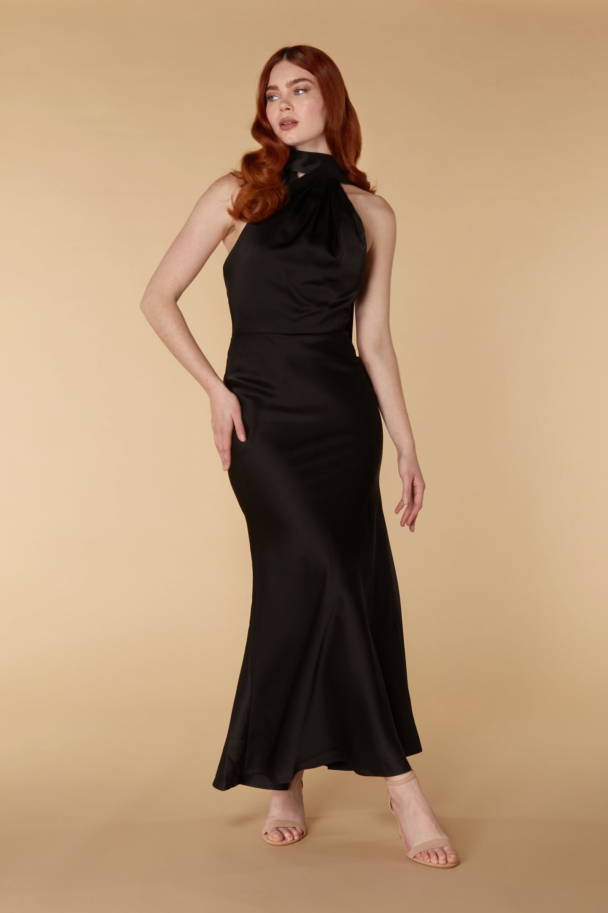 Rose Satin High Neck Maxi Dress with Open Back, UK 18 / US 14 / EU 46 / Black