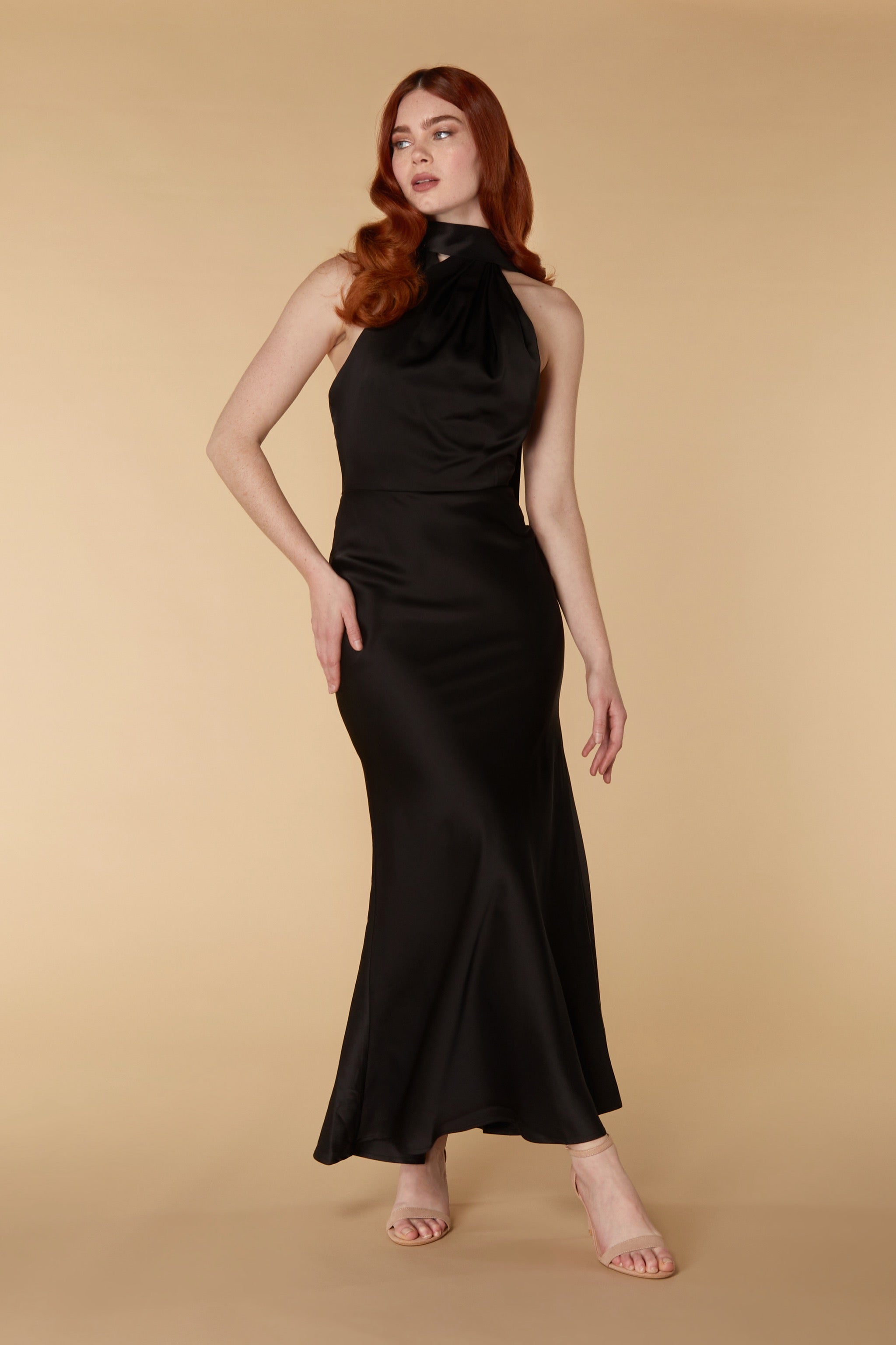 Rose Satin High Neck Maxi Dress with Open Back, UK 16 / US 12 / EU 44 / Black