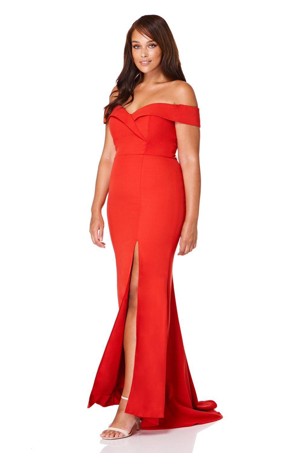 Bella Bardot Maxi Dress With Thigh Split And Train, UK 14 / US 10 / EU 42 / Red